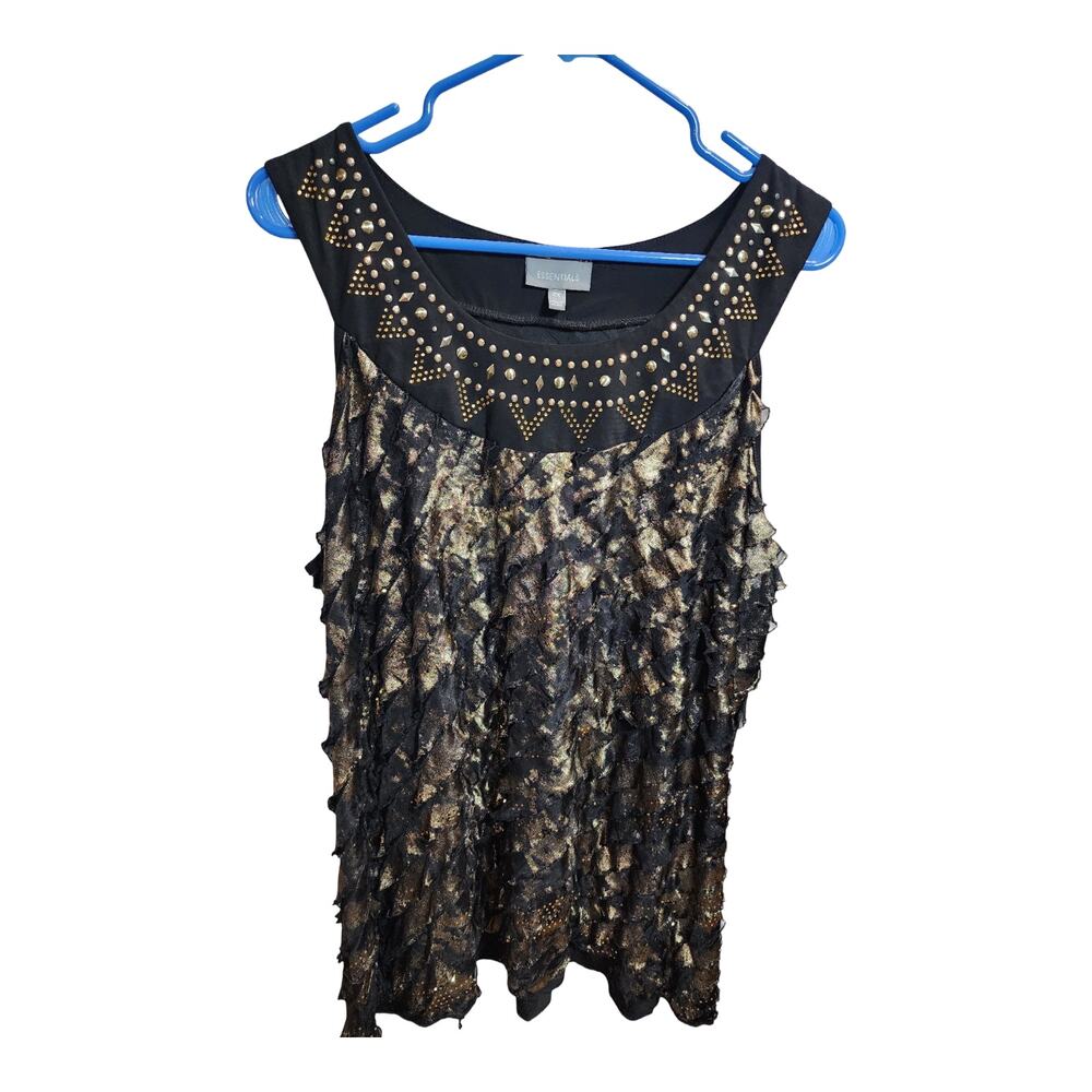 Essentials by Abs 2X Black & Gold Metallic Shimmer Tiered Ruffle Tank Top